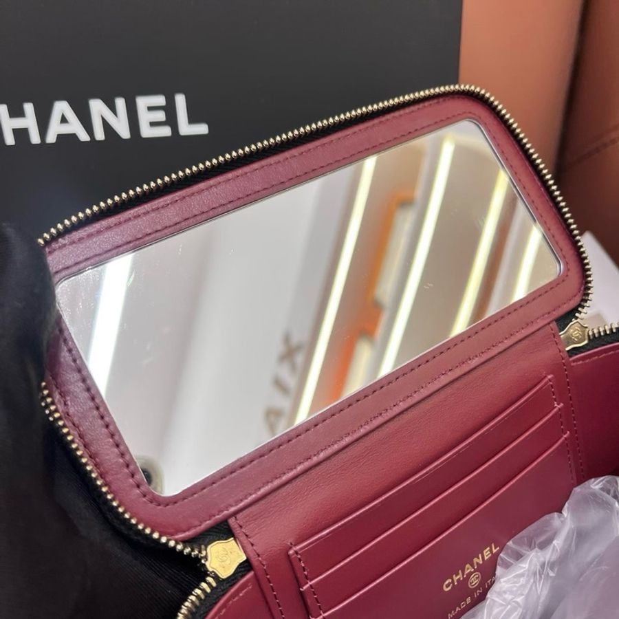 🧡芯片款Chanel香奈兒 黑金雙金珠金球長盒子化妝包斜背包-5