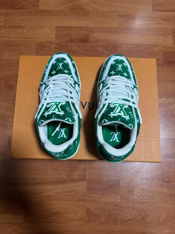 Lv Trainer植絨滿印板鞋 路易威登低幫休閒鞋 綠白 36.5碼-3