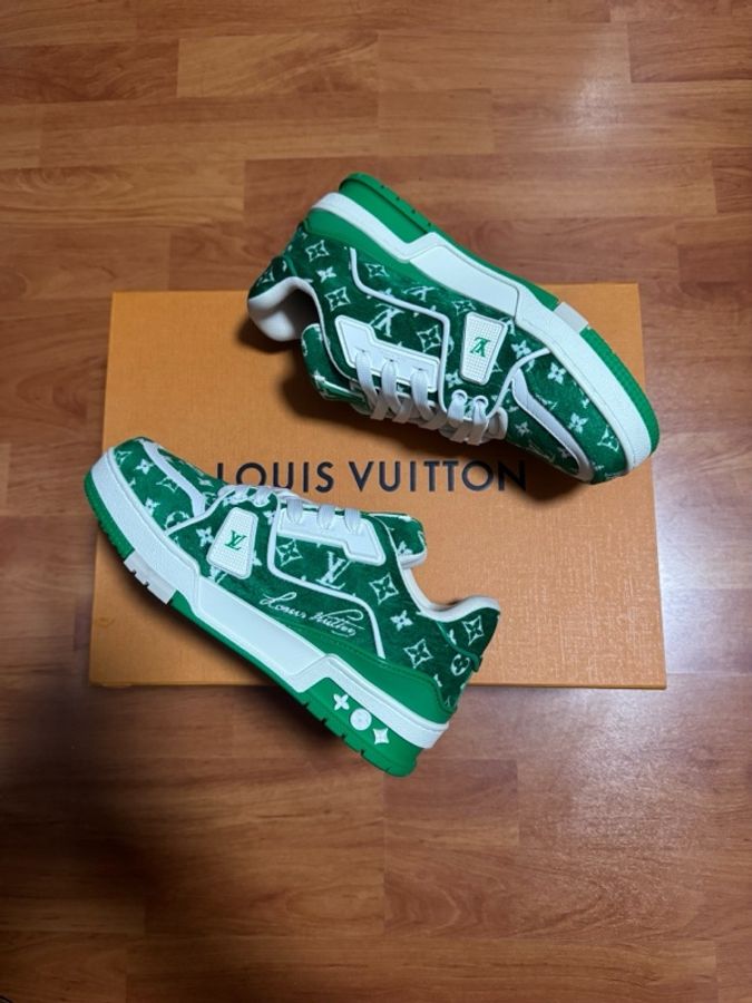 Lv Trainer植絨滿印板鞋 路易威登低幫休閒鞋 綠白 36.5碼-7