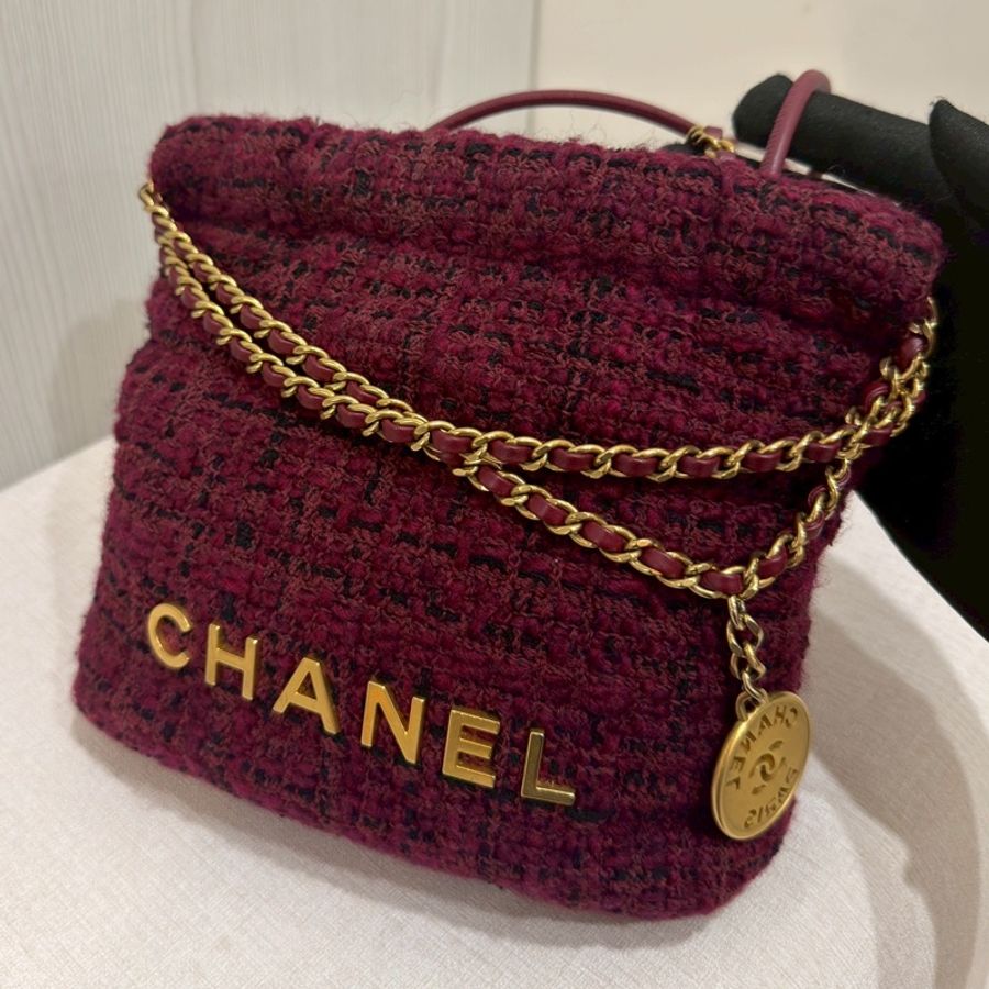 CHANEL香奈兒酒紅毛呢22Bag mini芯片款💈 全新全配🈶購證-10