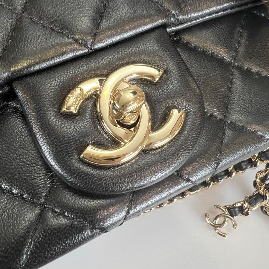 CHANEL CF20雙C調節扣側肩包 羊皮黑淡金 AS5759/晶片款-7