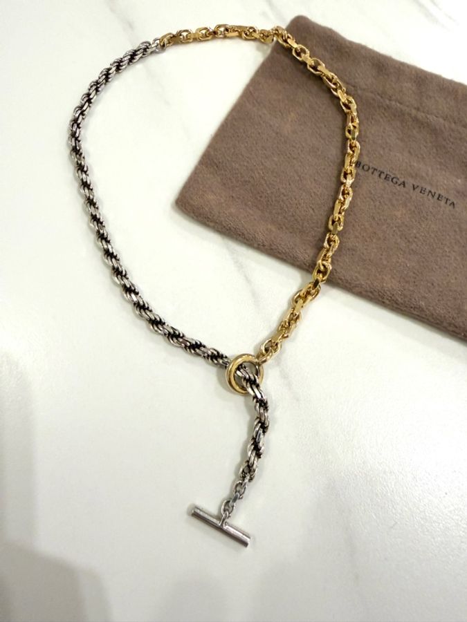 Bottega Veneta BV 銀色 金色 雙色 混合金屬 T字扣 項鍊 頸鍊 鍊條 手鍊-14