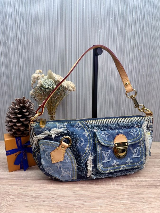 LV M95382 2007s限量稀有藍色拼接牛仔單寧乞丐包麻將包腋下包-0