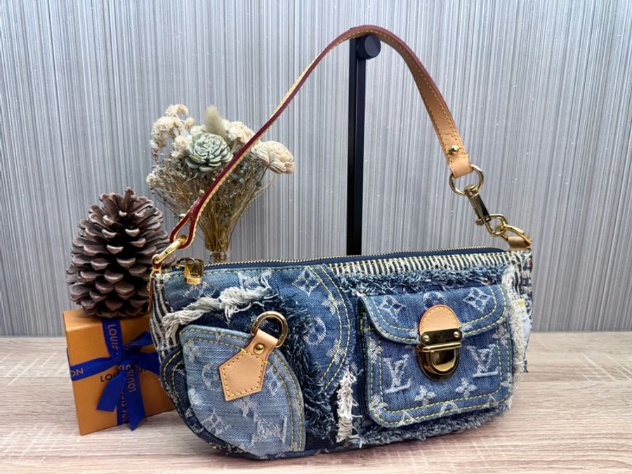 LV M95382 2007s限量稀有藍色拼接牛仔單寧乞丐包麻將包腋下包-1