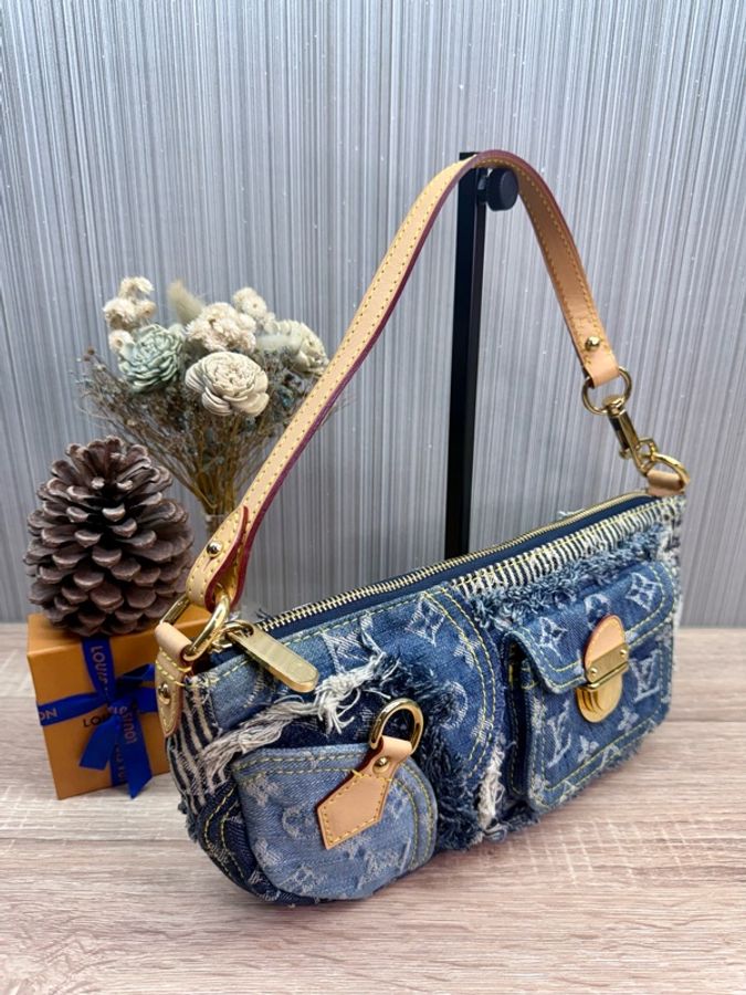 LV M95382 2007s限量稀有藍色拼接牛仔單寧乞丐包麻將包腋下包-5