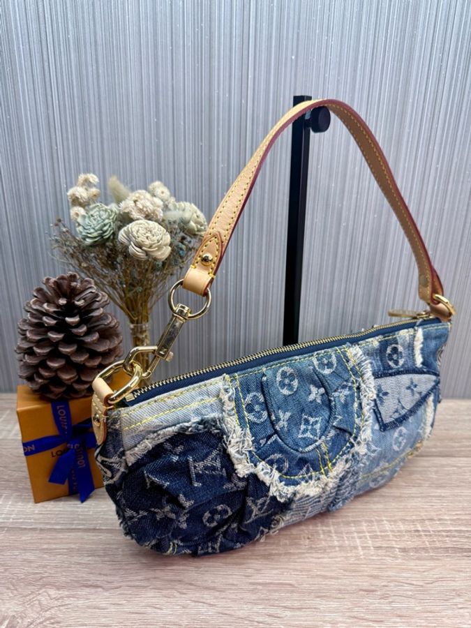 LV M95382 2007s限量稀有藍色拼接牛仔單寧乞丐包麻將包腋下包-6