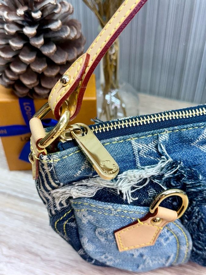 LV M95382 2007s限量稀有藍色拼接牛仔單寧乞丐包麻將包腋下包-7