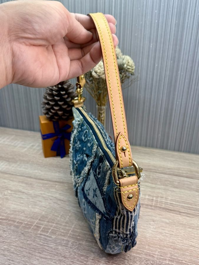 LV M95382 2007s限量稀有藍色拼接牛仔單寧乞丐包麻將包腋下包-11