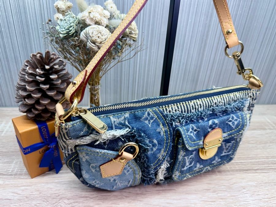 LV M95382 2007s限量稀有藍色拼接牛仔單寧乞丐包麻將包腋下包-13