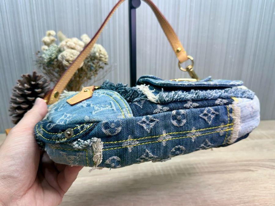 LV M95382 2007s限量稀有藍色拼接牛仔單寧乞丐包麻將包腋下包-14