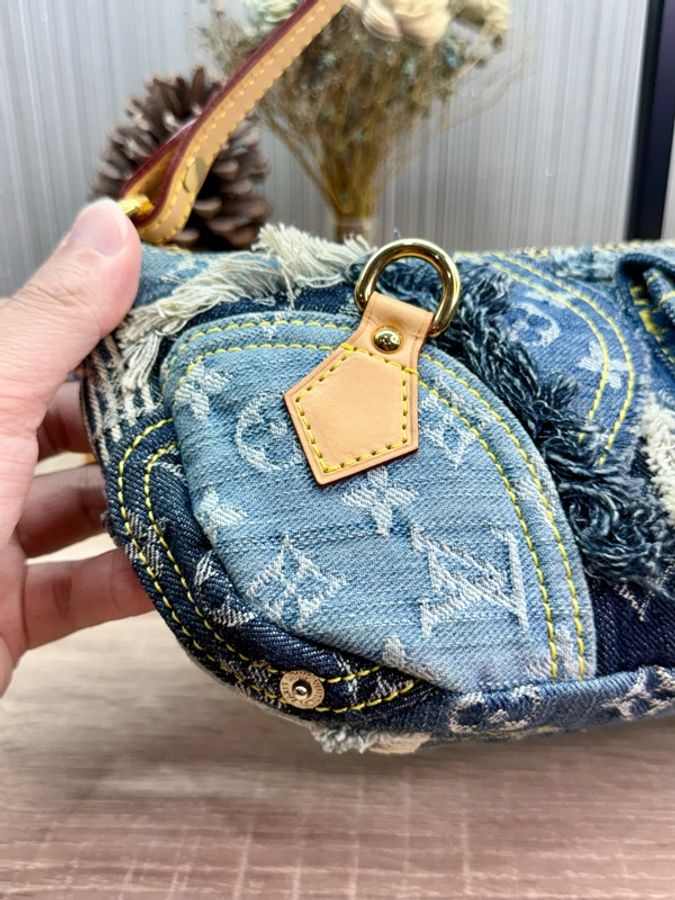 LV M95382 2007s限量稀有藍色拼接牛仔單寧乞丐包麻將包腋下包-15