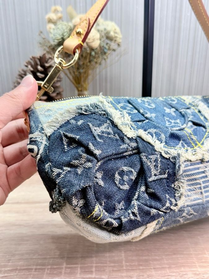 LV M95382 2007s限量稀有藍色拼接牛仔單寧乞丐包麻將包腋下包-17