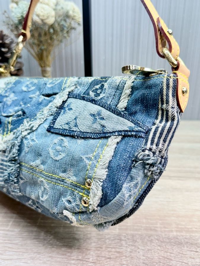 LV M95382 2007s限量稀有藍色拼接牛仔單寧乞丐包麻將包腋下包-18