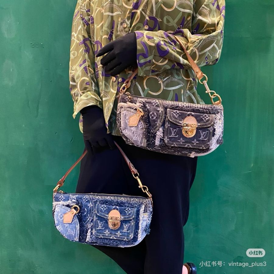 LV M95382 2007s限量稀有藍色拼接牛仔單寧乞丐包麻將包腋下包-29