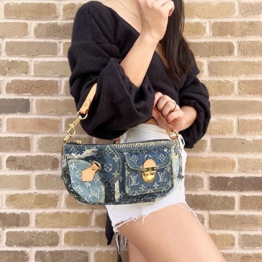 LV M95382 2007s限量稀有藍色拼接牛仔單寧乞丐包麻將包腋下包-30
