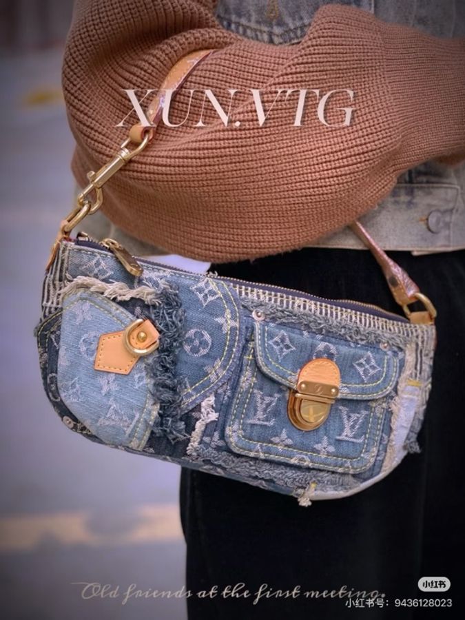 LV M95382 2007s限量稀有藍色拼接牛仔單寧乞丐包麻將包腋下包-31