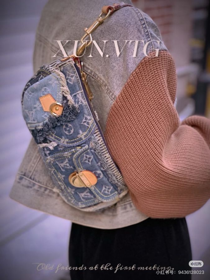LV M95382 2007s限量稀有藍色拼接牛仔單寧乞丐包麻將包腋下包-32