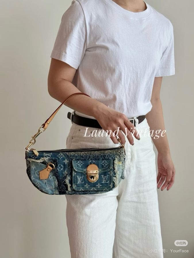 LV M95382 2007s限量稀有藍色拼接牛仔單寧乞丐包麻將包腋下包-33
