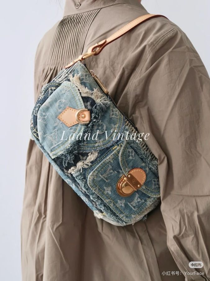 LV M95382 2007s限量稀有藍色拼接牛仔單寧乞丐包麻將包腋下包-34