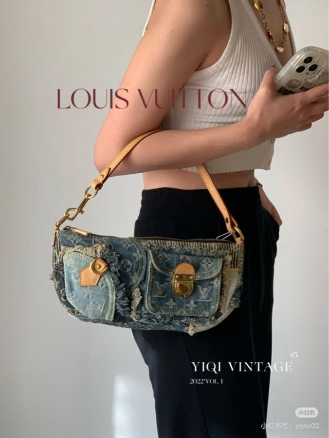 LV M95382 2007s限量稀有藍色拼接牛仔單寧乞丐包麻將包腋下包-35