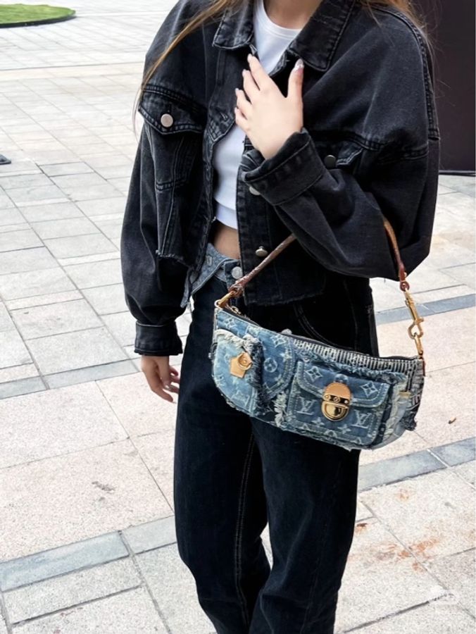 LV M95382 2007s限量稀有藍色拼接牛仔單寧乞丐包麻將包腋下包-36