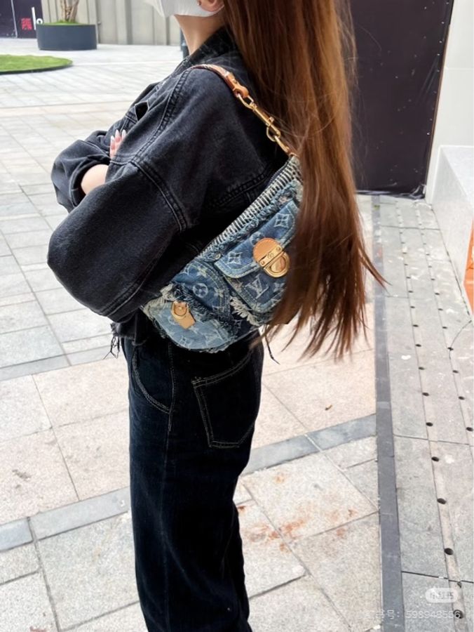 LV M95382 2007s限量稀有藍色拼接牛仔單寧乞丐包麻將包腋下包-38