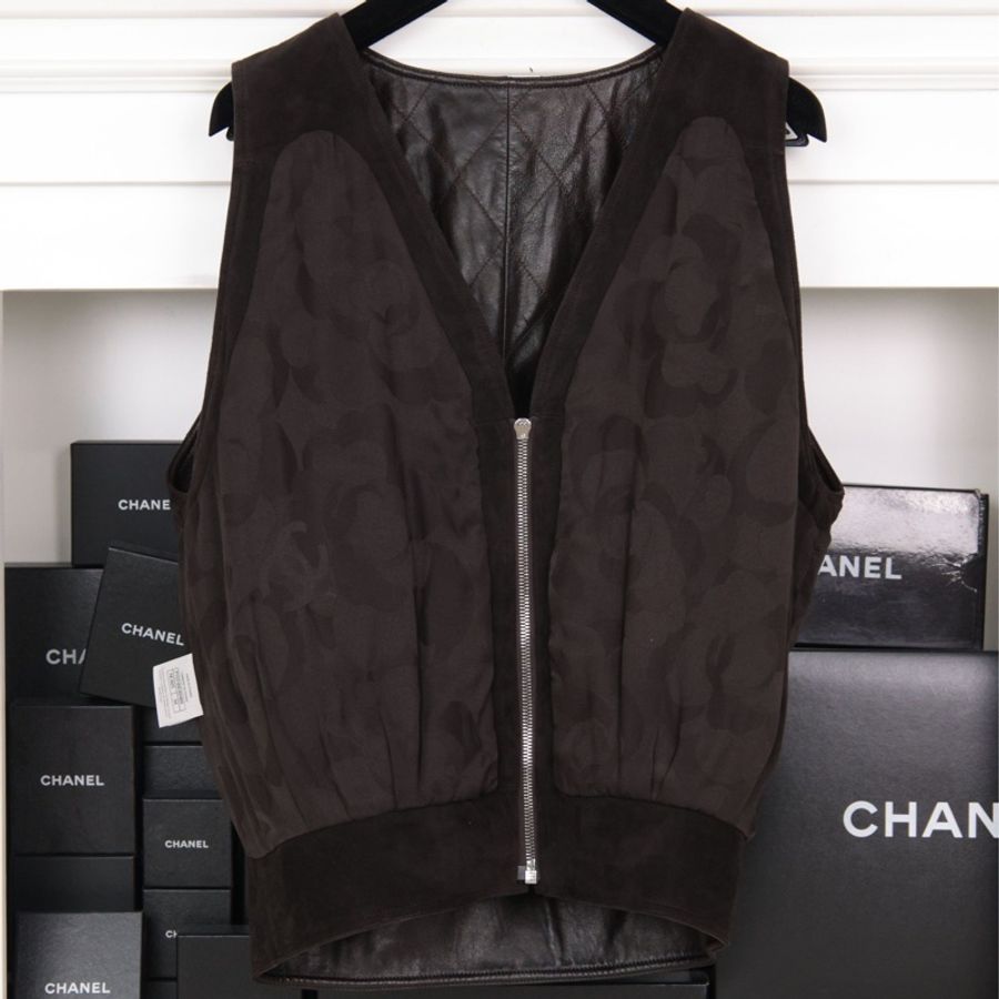 Chanel 21A棕色菱格纹皮革拼麂皮马甲上衣外套-2