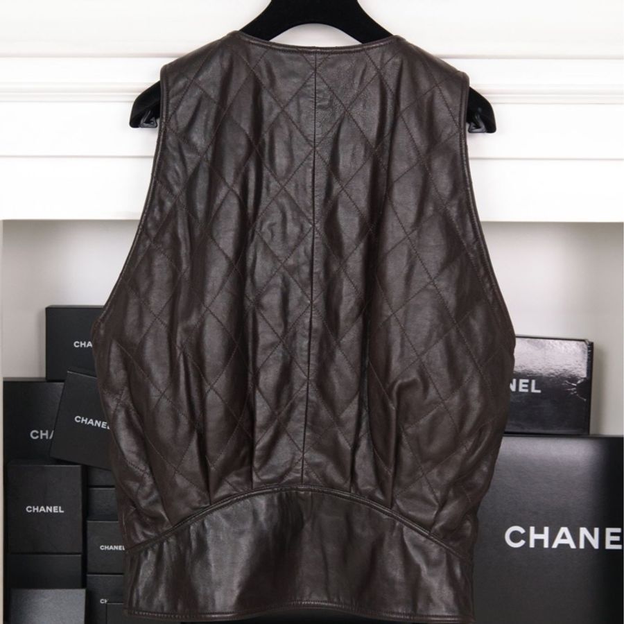 Chanel 21A棕色菱格纹皮革拼麂皮马甲上衣外套-12