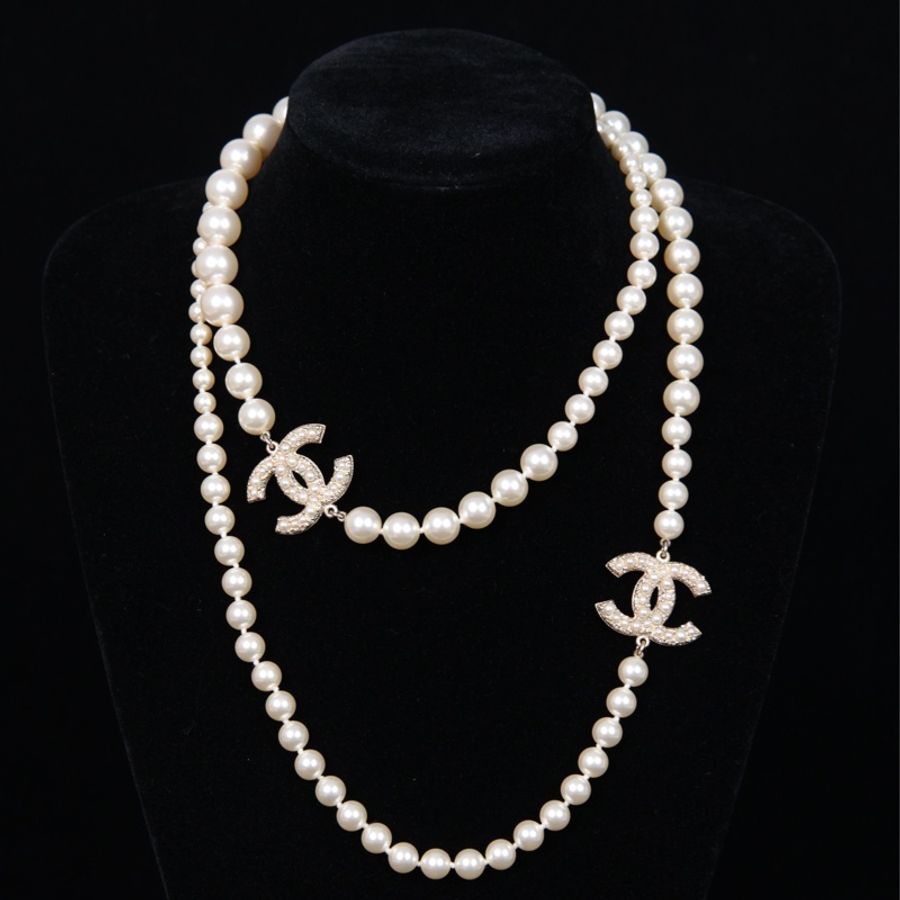 Chanel 14年100周年珍珠cc毛衣链长项链-0