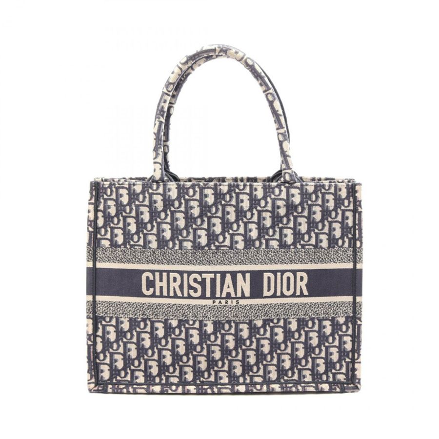 Dior BOOK TOTE 中型帆布手提包，海軍藍/米色，二手女款-0