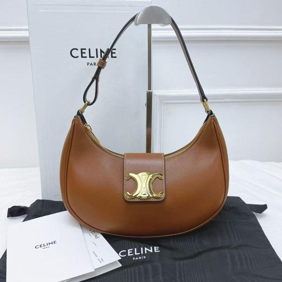 Celine賽琳Triomphe AVA凱旋門腋下包 中號 焦糖色金扣 可調節肩帶手提包單肩包月牙包-0