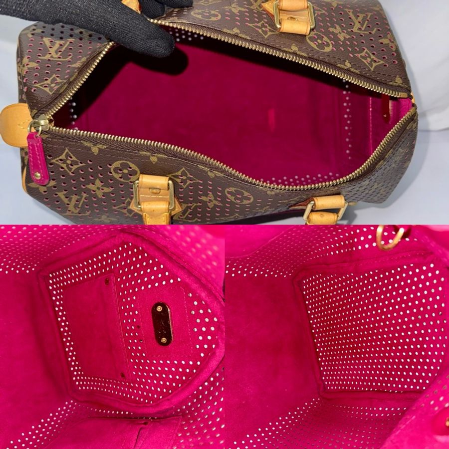 LOUIS VUITTON Monogram Perforated 2006限定款 老花穿孔打洞/桃紅內襯 Speedy 30 波士頓包M95180-4