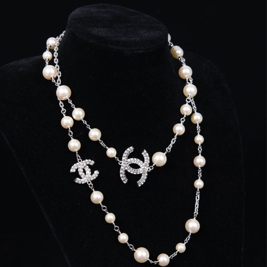 Chanel 10年莱茵石cc拼接珍珠毛衣链长项链-3