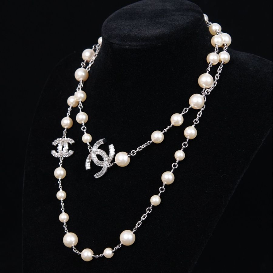 Chanel 10年莱茵石cc拼接珍珠毛衣链长项链-5