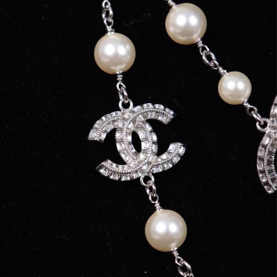 Chanel 10年莱茵石cc拼接珍珠毛衣链长项链-10