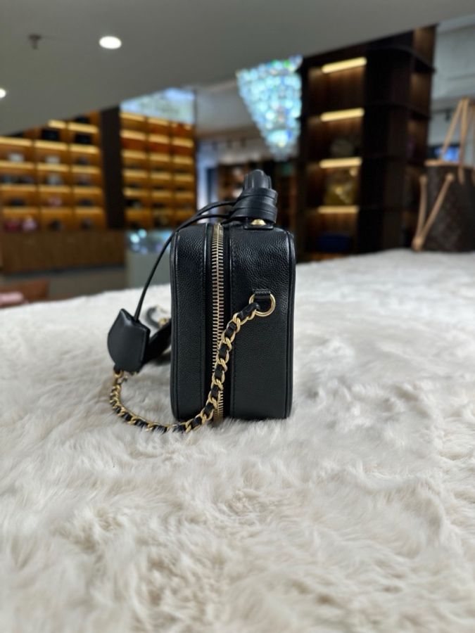 CHANEL 香奈兒 Vanity系列魚子紋鏈條 皮穿鏈 菱格 小牛皮 盒型包 化妝包 單肩包 手提包 斜挎包 迷你 女款 黑色-5