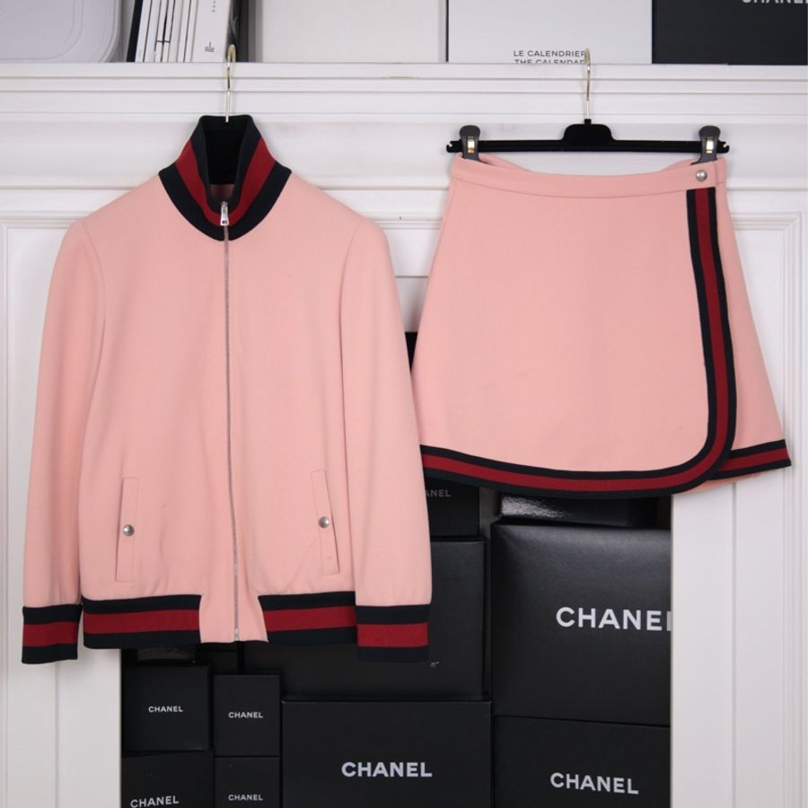 Gucci 粉色花边高尔夫运动棒球服外套上衣半裙套装-0