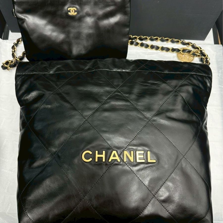 近全新全配😍慵懶黑天鵝💎Chanel香奈兒黑金小號22bag垃圾袋單肩手提包-7