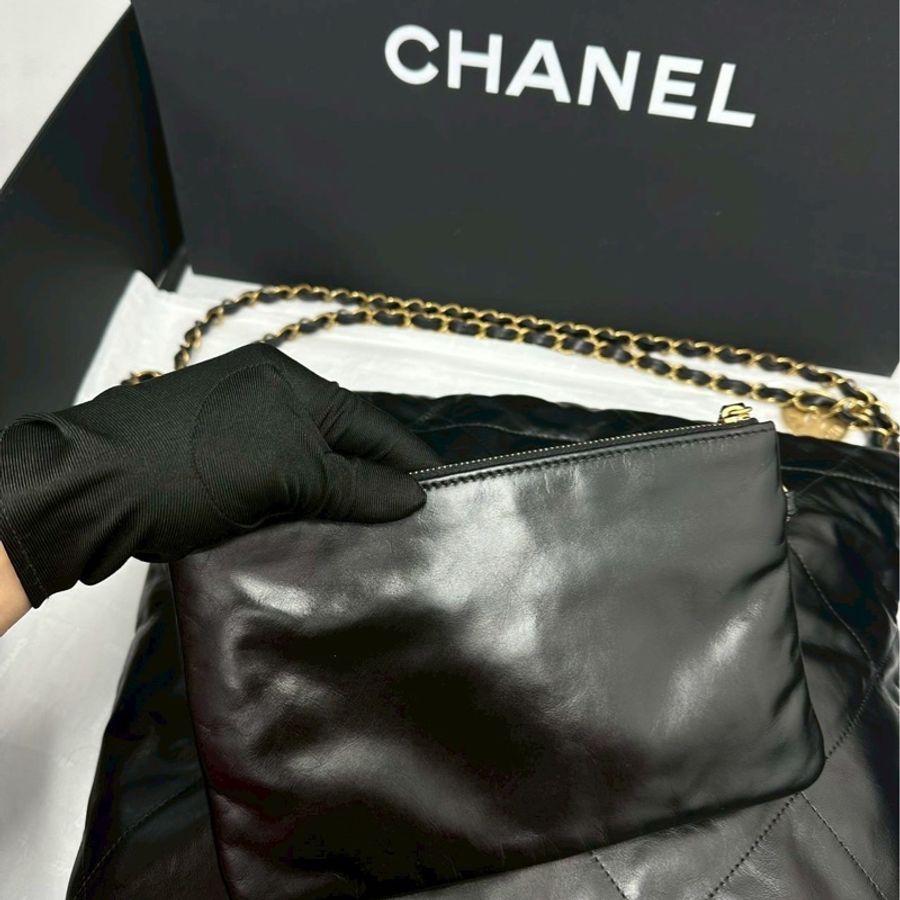 近全新全配😍慵懶黑天鵝💎Chanel香奈兒黑金小號22bag垃圾袋單肩手提包-9