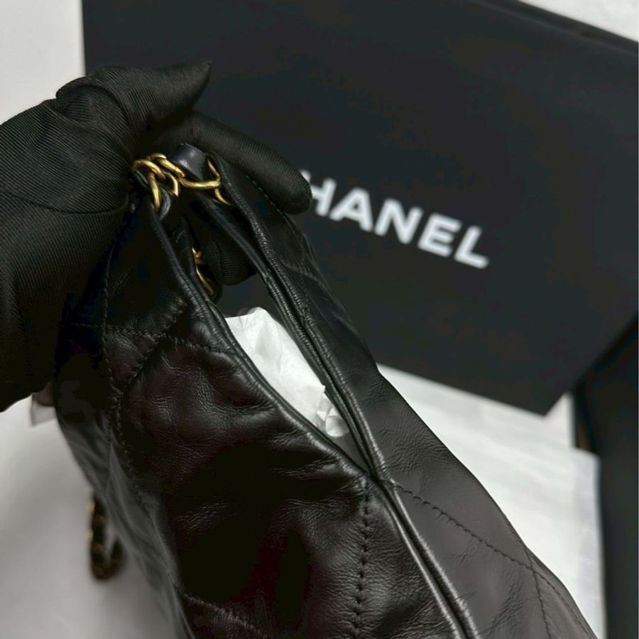近全新全配😍慵懶黑天鵝💎Chanel香奈兒黑金小號22bag垃圾袋單肩手提包-13