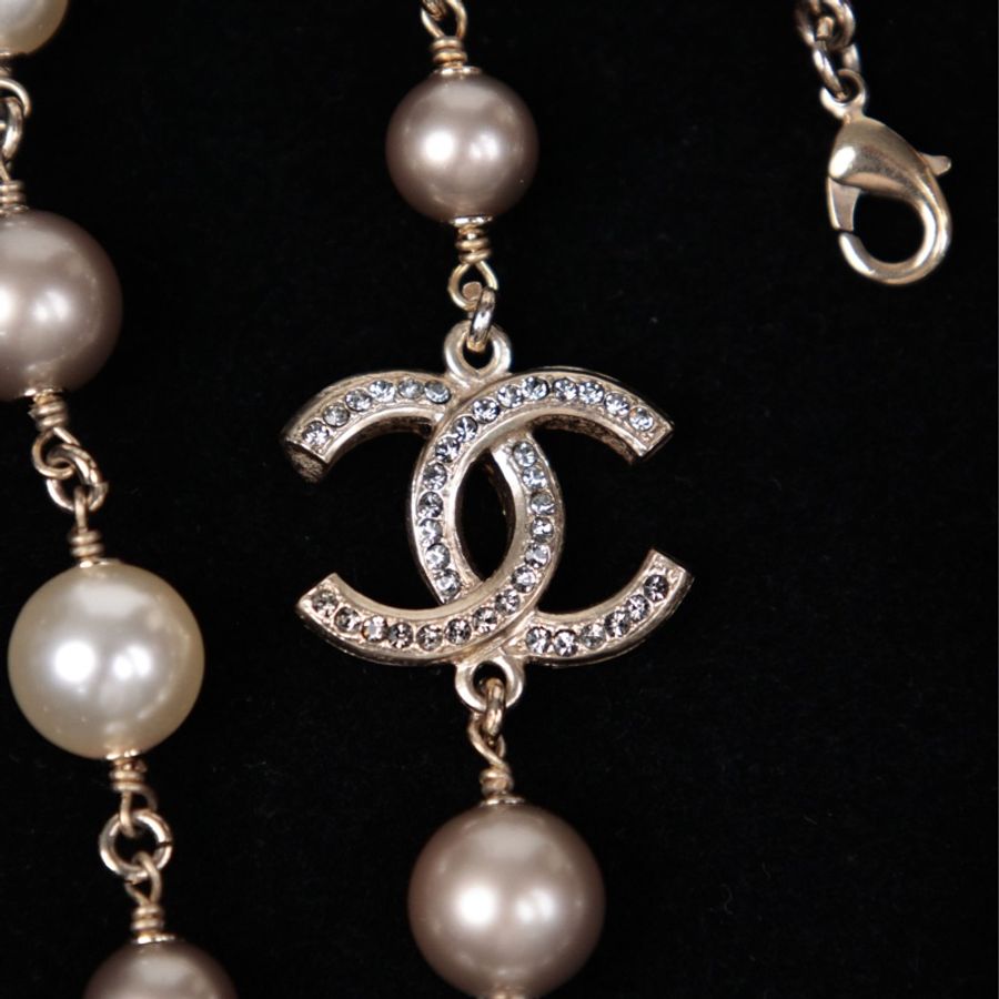 Chanel 16年白色珍珠棕色莱茵石cc毛衣链长项链-7