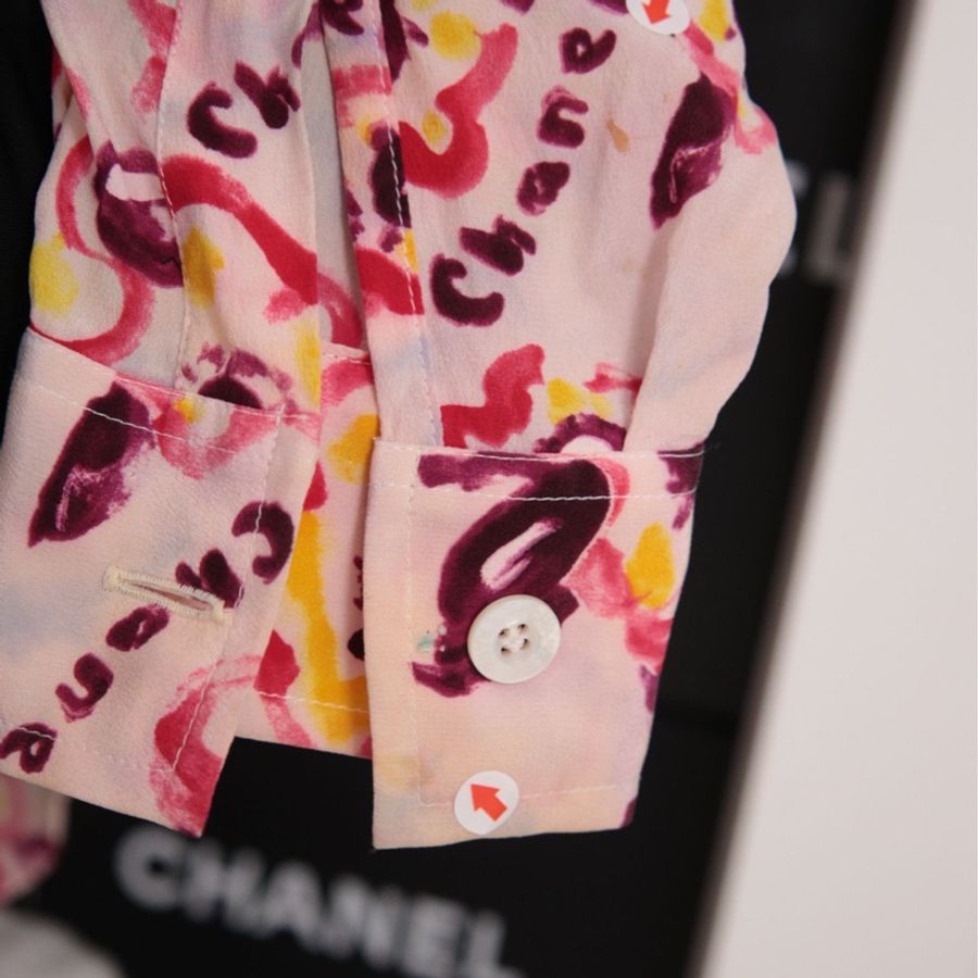 Chanel 粉彩色真丝花卉涂鸦长袖衬衫上衣外套-34