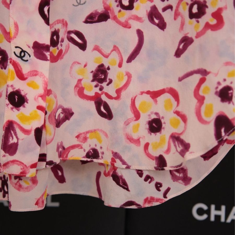 Chanel 粉彩色真丝花卉涂鸦长袖衬衫上衣外套-37