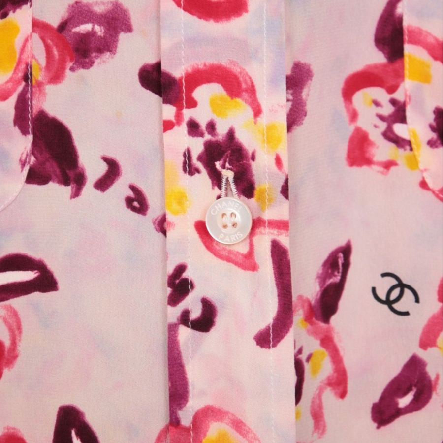 Chanel 粉彩色真丝花卉涂鸦长袖衬衫上衣外套-44