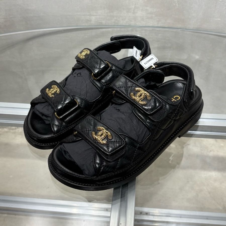 CHANEL/香奈兒 經典荔枝皮 黑金色魔術貼涼鞋 沙灘鞋 尺碼/36碼-0