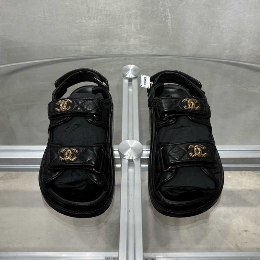 CHANEL/香奈兒 經典荔枝皮 黑金色魔術貼涼鞋 沙灘鞋 尺碼/36碼-1