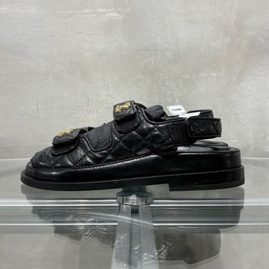 CHANEL/香奈兒 經典荔枝皮 黑金色魔術貼涼鞋 沙灘鞋 尺碼/36碼-2