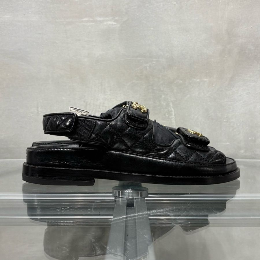 CHANEL/香奈兒 經典荔枝皮 黑金色魔術貼涼鞋 沙灘鞋 尺碼/36碼-3