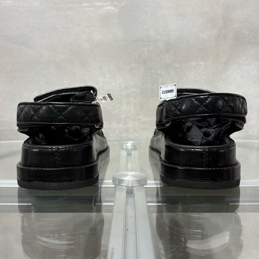 CHANEL/香奈兒 經典荔枝皮 黑金色魔術貼涼鞋 沙灘鞋 尺碼/36碼-5