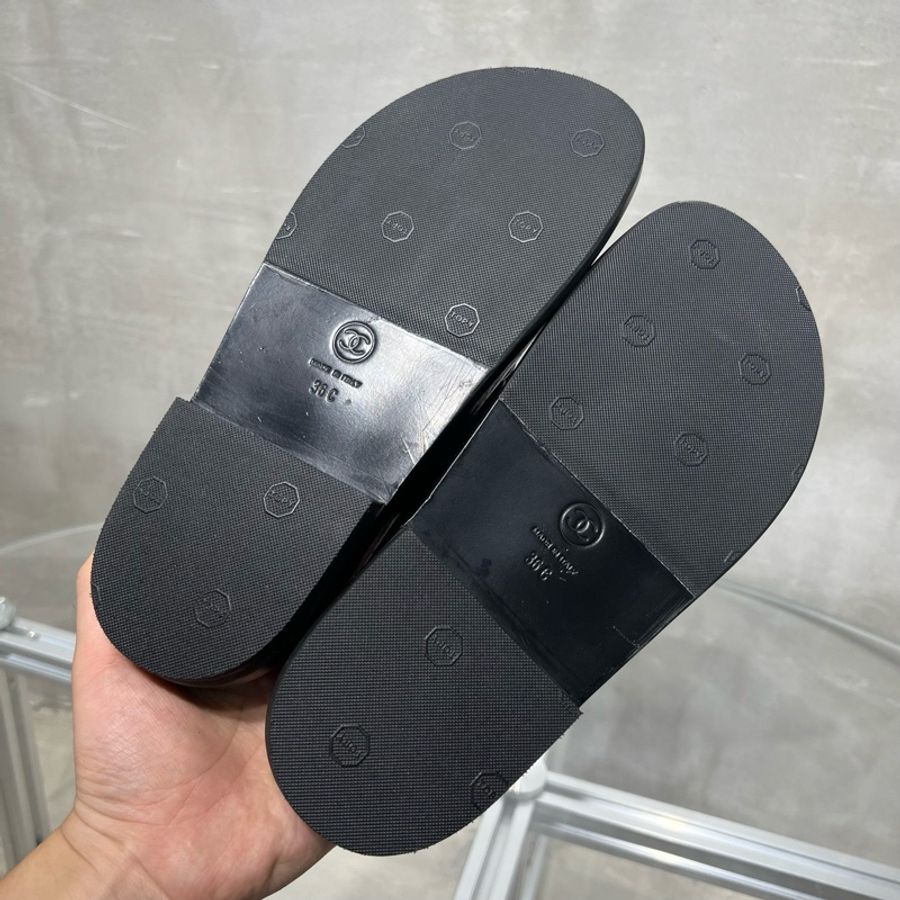 CHANEL/香奈兒 經典荔枝皮 黑金色魔術貼涼鞋 沙灘鞋 尺碼/36碼-7